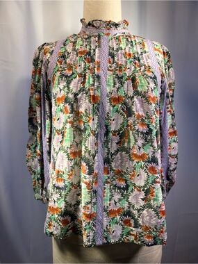 Brora Cotton and Silk Floral Lavender & Green Long-Sleeve Peasant Blouse